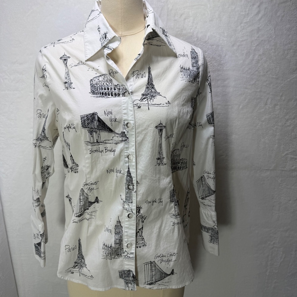 Mishca Blouse Womens Large White Black City Print Architectural Travel Shirt